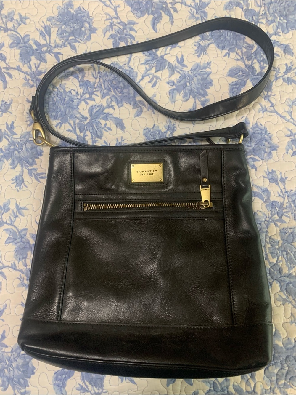 Tignanello Black Leather Crossbody with Gold Plaque